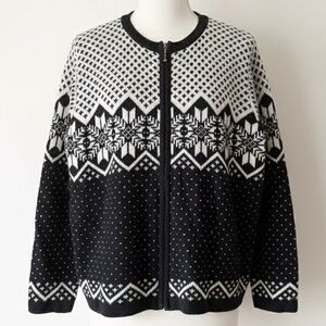 90s Cignal Nordic Fair Isle Zip Cardigan Sweater Black Ivory Hong Kong Made Sz L
